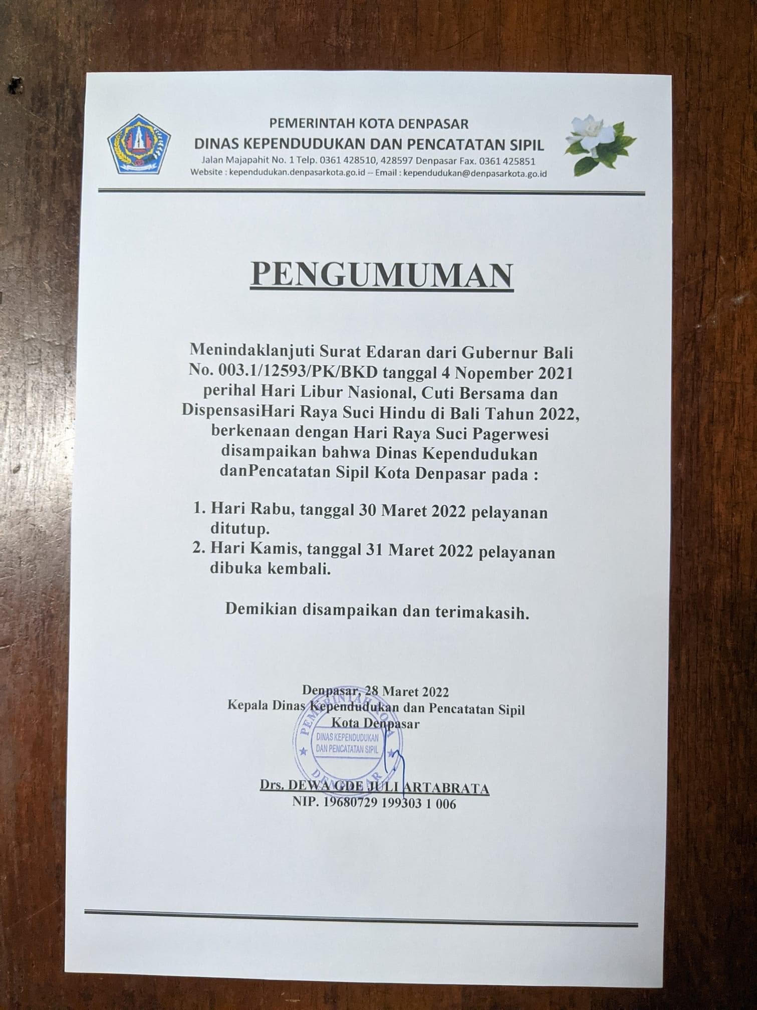 Pelayanan Di Tutup Tanggal 30 Maret 2022